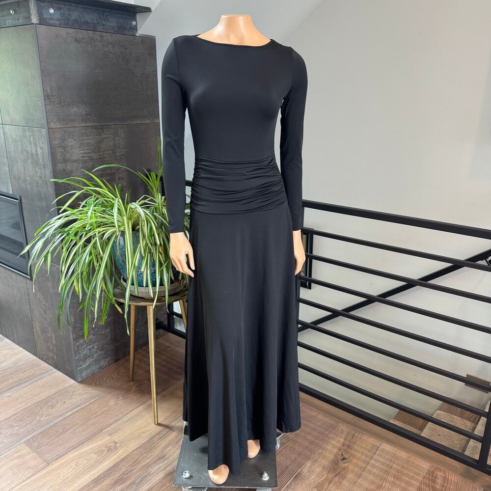 NWT Modesees Black Jersey Knit Ruched Drop Waist Long Sleeve Maxi Dress S